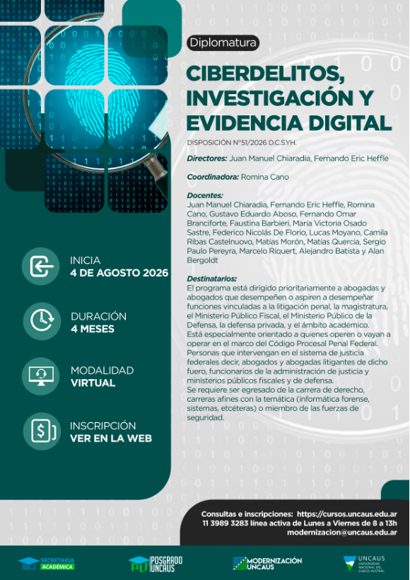 Inscripciones abiertas para la Diplomatura de UNCAUS en Ciberdelitos, Investigación y Evidencia Digital